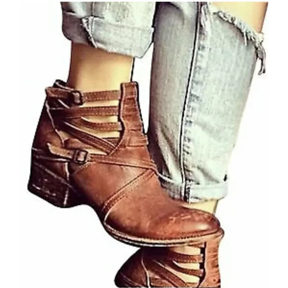 freebird Shoes - Freebird Stair Ankle Boots Brown Distressed Strappy Leather Booties Size 7 M